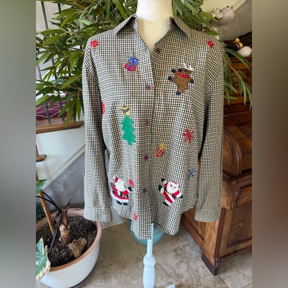 Lemon grass ladies large petite 100% cotton Christmas shirt plaid EXC COND - Picture 10 of 14
